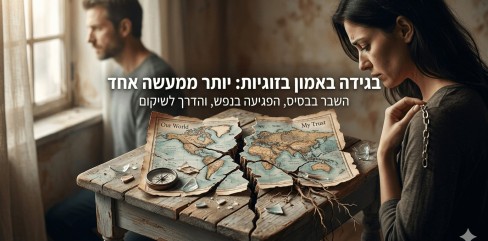 תמונה המציגה אישה שפופה ומהורהרת בקדמת הפריים וגבר המביט מבעד לחלון ברקע כשהם מופרדים על ידי שולחן עץ ישן וסדוק שעליו מונחת מפת עולם קרועה לשניים עם הכיתובים העולם שלנו והאמון שלי לצד מצפן ושברי זכוכית על התמונה מופיע טקסט בעברית העוסק בבגידה באמון בזוגיות השבר בבסיס הפגיעה בנפש והדרך לשיקום האווירה בחדר קודרת ומשדרת ריחוק ומשבר רגשי עמוק בין בני הזוג.