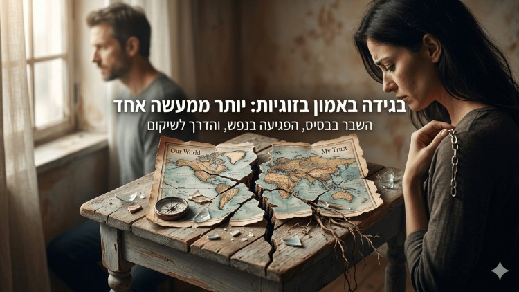 תמונה המציגה אישה שפופה ומהורהרת בקדמת הפריים וגבר המביט מבעד לחלון ברקע כשהם מופרדים על ידי שולחן עץ ישן וסדוק שעליו מונחת מפת עולם קרועה לשניים עם הכיתובים העולם שלנו והאמון שלי לצד מצפן ושברי זכוכית על התמונה מופיע טקסט בעברית העוסק בבגידה באמון בזוגיות השבר בבסיס הפגיעה בנפש והדרך לשיקום האווירה בחדר קודרת ומשדרת ריחוק ומשבר רגשי עמוק בין בני הזוג.