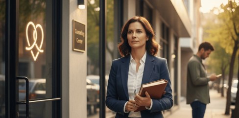 תמונת נושא של המאמר על ייעוץ זוגי במעמד צד אחד המציגה אישה מקצועית בבגדי עסקים (חליפה כחולה כהה וחולצה לבנה) הולכת בביטחון על מדרכה שטופת שמש מחוץ למרכז ייעוץ (Counseling Center). היא מחזיקה יומן כרוך עור ומסמכים בידה. ליד דלת הכניסה מזכוכית, מופיע שלט עם הכיתוב 'Counseling Center' ולידו סמל ניאון מואר בצורת שני לבבות שלובים. ברקע, גבר עומד ומשתמש בטלפון שלו. התמונה משדרת תחושה של התחלה חדשה, בריאות נפשית או פנייה לקבלת עזרה מקצועית