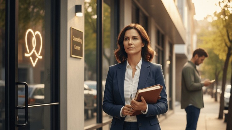 תמונת נושא של המאמר על ייעוץ זוגי במעמד צד אחד המציגה אישה מקצועית בבגדי עסקים (חליפה כחולה כהה וחולצה לבנה) הולכת בביטחון על מדרכה שטופת שמש מחוץ למרכז ייעוץ (Counseling Center). היא מחזיקה יומן כרוך עור ומסמכים בידה. ליד דלת הכניסה מזכוכית, מופיע שלט עם הכיתוב 'Counseling Center' ולידו סמל ניאון מואר בצורת שני לבבות שלובים. ברקע, גבר עומד ומשתמש בטלפון שלו. התמונה משדרת תחושה של התחלה חדשה, בריאות נפשית או פנייה לקבלת עזרה מקצועית