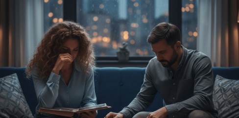 תמונת נושא ל המאמר איך לשקם זוגיות במשבר המציגה זוג יושב על ספה כחולה בסלון חמים ומעומעם. האישה משמאל מחזיקה אלבום תמונות פתוח ונראית עצובה או בוכה, כאשר היא מכסה את פניה בידה. הגבר משמאל יושב נשען קדימה, עם מבט מדוכדך ומבט כלפי מטה. ביניהם, על שולחן קפה, מונחת נר דולק ושתי כוסות קפה. דרך החלון הגדול מאחור, נראים גורדי שחקים מוארים של עיר גשמית בלילה. התמונה משדרת תחושה של אובדן, זיכרון או רגע קשה במערכת יחסים