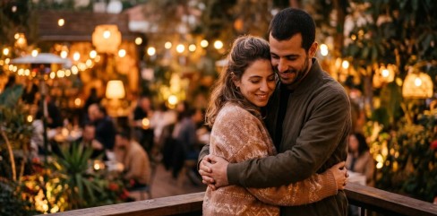 תמונה של בני זוג המחבקים זה את זו בחמימות ובחיוך באווירה רומנטית מוארת בתאורת ערב רכה, המשמשת להמחשת נושאים בזוגיות ומענה לדילמה 