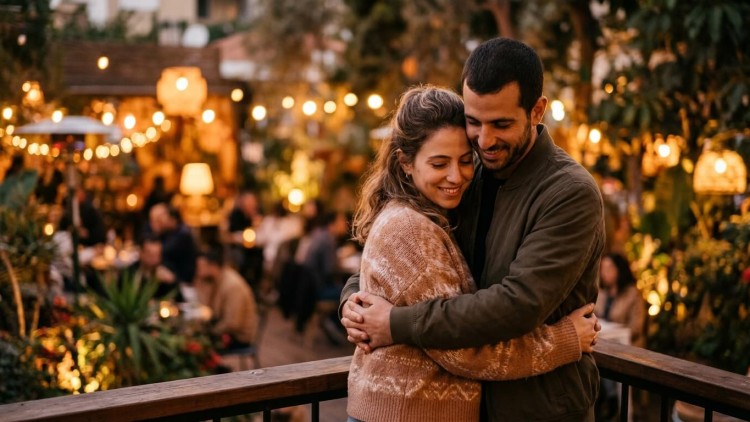 תמונה של בני זוג המחבקים זה את זו בחמימות ובחיוך באווירה רומנטית מוארת בתאורת ערב רכה, המשמשת להמחשת נושאים בזוגיות ומענה לדילמה 