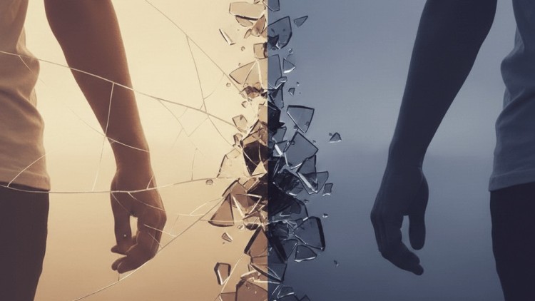 תמונת נושא של המאמר על משבר אמון בזוגיות המציגה צילום אמנותי המציג שתי דמויות עומדות גב אל גב ומופרדות על ידי זכוכית שבורה ומתנפצת במרכז הפריים. הצד השמאלי של התמונה מואר בגוונים חמים של כתום וזהב המזכירים שקיעה, בעוד הצד הימני מוצל בגוונים קרירים של כחול ואפור כהה. רסיסי הזכוכית עפים לכל עבר בקו התפר שבין שתי הדמויות, מה שיוצר תחושה חזקה של פרידה, שבר ביחסים או קונפליקט רגשי. הדמויות נראות רק בחלקן, מה שמעצים את תחושת הניכור והמרחק ביניהן למרות הקרבה הפיזית.