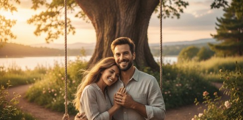 תמונת נושא של המאמר איך מחזירים אהבה לזוגיות המציגה תמונה פסטורלית ורומנטית המציגה זוג מחייך המצולם מקרוב כשהם יושבים יחד על נדנדת עץ התלויה מענפיו של עץ עבות וגדול במרכז הפריים. האישה נשענת ברוך על כתפו של הגבר והם אוחזים ידיים כאשר ברקע נפרש נוף של אגם רגוע וצמחייה ירוקה תחת אור שקיעה רך וזהוב המשרה אווירה של שלווה ואהבה. השבילים המתפצלים מאחורי העץ והפרחים הפזורים בצידי הדרך מוסיפים לתחושת העומק והטבע הקסום המקיף את הזוג ברגע של קרבה ונינוחות.