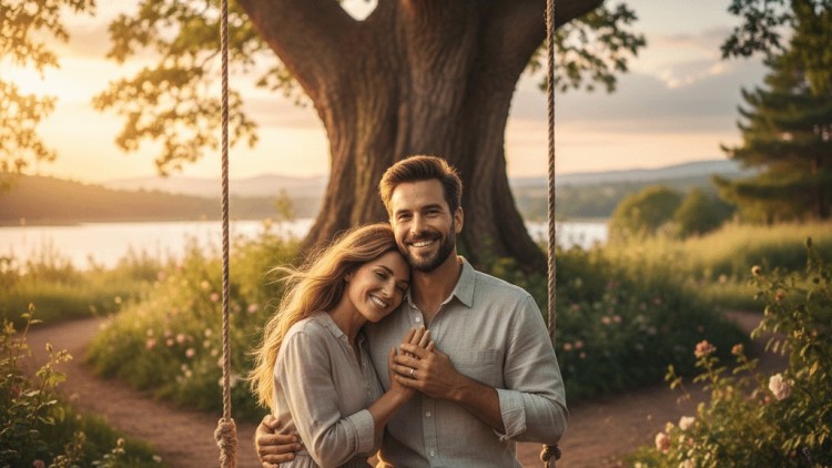 תמונת נושא של המאמר איך מחזירים אהבה לזוגיות המציגה תמונה פסטורלית ורומנטית המציגה זוג מחייך המצולם מקרוב כשהם יושבים יחד על נדנדת עץ התלויה מענפיו של עץ עבות וגדול במרכז הפריים. האישה נשענת ברוך על כתפו של הגבר והם אוחזים ידיים כאשר ברקע נפרש נוף של אגם רגוע וצמחייה ירוקה תחת אור שקיעה רך וזהוב המשרה אווירה של שלווה ואהבה. השבילים המתפצלים מאחורי העץ והפרחים הפזורים בצידי הדרך מוסיפים לתחושת העומק והטבע הקסום המקיף את הזוג ברגע של קרבה ונינוחות.