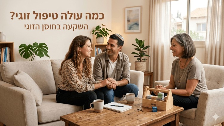 תמונת נושא של המאמר כמה עולה טיפול זוגי המציגה תמונה המציגה מפגש טיפולי באווירה נינוחה וחיובית שבו יושבים בני זוג על ספה ומחזיקים ידיים בחיוך בעודם מביטים זה בזו וביניהם לגבר כיפה על הראש. מולם יושבת מטפלת זוגית מחייכת עם שיער שיבה קצר על כורסה נפרדת ובמרכז החדר שולחן עץ שעליו מונחים ספלי קפה מחברת וקופסת עץ עם קוביות משחק. ברקע החדר מעוצב בסגנון ביתי עם צמחי נוי ספרייה וחלון גדול המכניס אור טבעי ובחלק העליון מופיע הכיתוב כמה עולה טיפול זוגי השקעה בחוסן הזוגי.