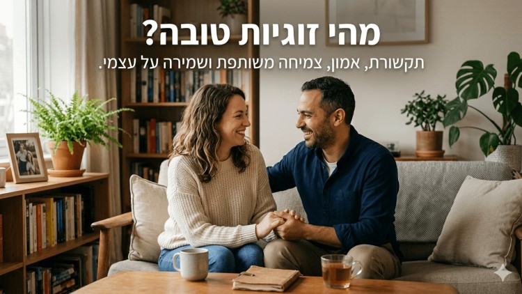 זוג מחייך ויושב יחד על ספה תוך כדי החזקת ידיים בחדר מגורים עם כונניות ספרים וצמחי בית. הכותרת מעליהם היא 