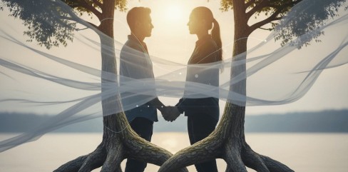 תמונת נושא של המאמר על תקשורת בריאה המציגה תמונה סוריאליסטית וסימבולית של גבר ואישה עומדים זה מול זו על חוף אבנים בשעת שקיעה, אוחזים ידיים. השניים מוקפים בשני עצים המשתלבים בגופם: גזעי העצים צומחים לצד רגליהם, והשורשים העבותים שלהם משתרגים זה בזה בחיבור דמוי קשר במרכז הקרקע. מעל ראשיהם, צמרות העצים יוצרות מסגרת בצורת לב שדרכה בוקע אור השמש הרך. וילונות בד שקופים ולבנים מתנופפים סביבם ברוח, ומוסיפים אווירה חלומית ורוחנית לסצנה.