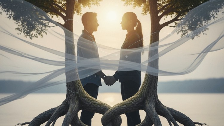 תמונת נושא של המאמר על תקשורת בריאה המציגה תמונה סוריאליסטית וסימבולית של גבר ואישה עומדים זה מול זו על חוף אבנים בשעת שקיעה, אוחזים ידיים. השניים מוקפים בשני עצים המשתלבים בגופם: גזעי העצים צומחים לצד רגליהם, והשורשים העבותים שלהם משתרגים זה בזה בחיבור דמוי קשר במרכז הקרקע. מעל ראשיהם, צמרות העצים יוצרות מסגרת בצורת לב שדרכה בוקע אור השמש הרך. וילונות בד שקופים ולבנים מתנופפים סביבם ברוח, ומוסיפים אווירה חלומית ורוחנית לסצנה.