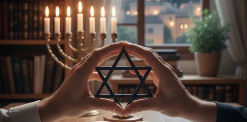 תמונת נושא של המאמר על טיפול זוגי לדתיים שמציגה שתי ידיים אוחזות יחד במגן דוד שחור וסימטרי מעל ספר פתוח המציג איורי עץ חיים. ברקע מנורה בעלת שבעה קנים דולקת על שולחן עבודה בחדר עם ספרייה עמוסה. מבעד לחלון נשקף נוף לילי של ירושלים תחת אור ירח מלא, עם כיפה בולטת ומבנים אבן עתיקים. האווירה חמה, רוחנית וממוקדת.