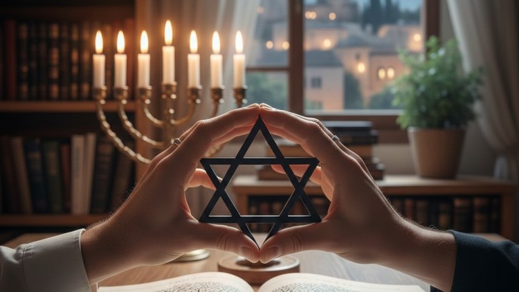 תמונת נושא של המאמר על טיפול זוגי לדתיים שמציגה שתי ידיים אוחזות יחד במגן דוד שחור וסימטרי מעל ספר פתוח המציג איורי עץ חיים. ברקע מנורה בעלת שבעה קנים דולקת על שולחן עבודה בחדר עם ספרייה עמוסה. מבעד לחלון נשקף נוף לילי של ירושלים תחת אור ירח מלא, עם כיפה בולטת ומבנים אבן עתיקים. האווירה חמה, רוחנית וממוקדת.