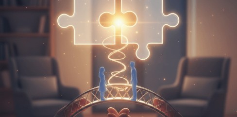 תמונת נושא של המאמר על שיטת אימגו בזוגיות המציגה שתי ידיים מחזיקות גשר קטן עליו עומדים שני אנשים קטנים מוארים המביטים זה בזה מעליהם שני חלקי פאזל מוארים משתלבים עם סמל של לב במרכז