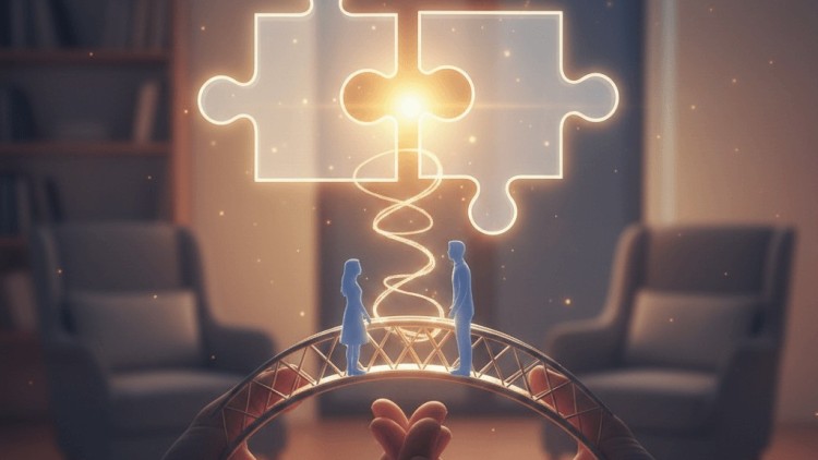 תמונת נושא של המאמר על שיטת אימגו בזוגיות המציגה שתי ידיים מחזיקות גשר קטן עליו עומדים שני אנשים קטנים מוארים המביטים זה בזה מעליהם שני חלקי פאזל מוארים משתלבים עם סמל של לב במרכז